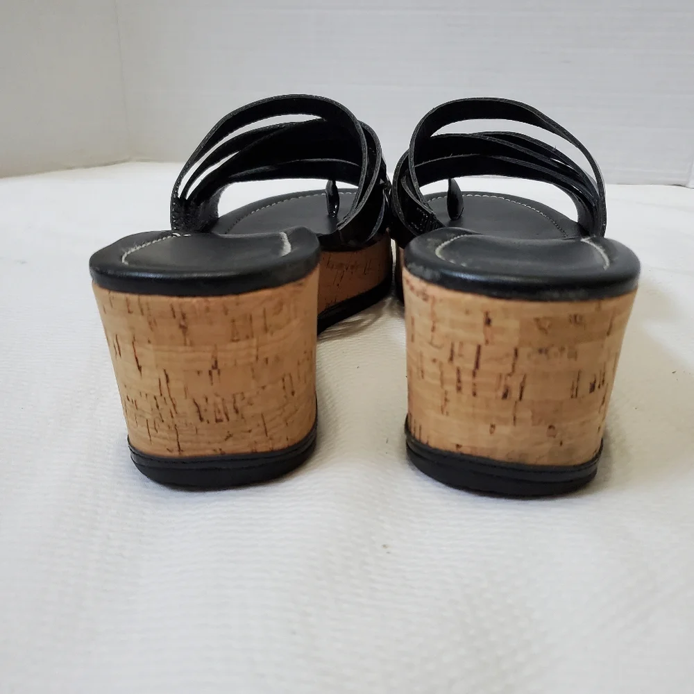 Donald J. Pliner Black Patent Leather Cork Wedge Sandals
